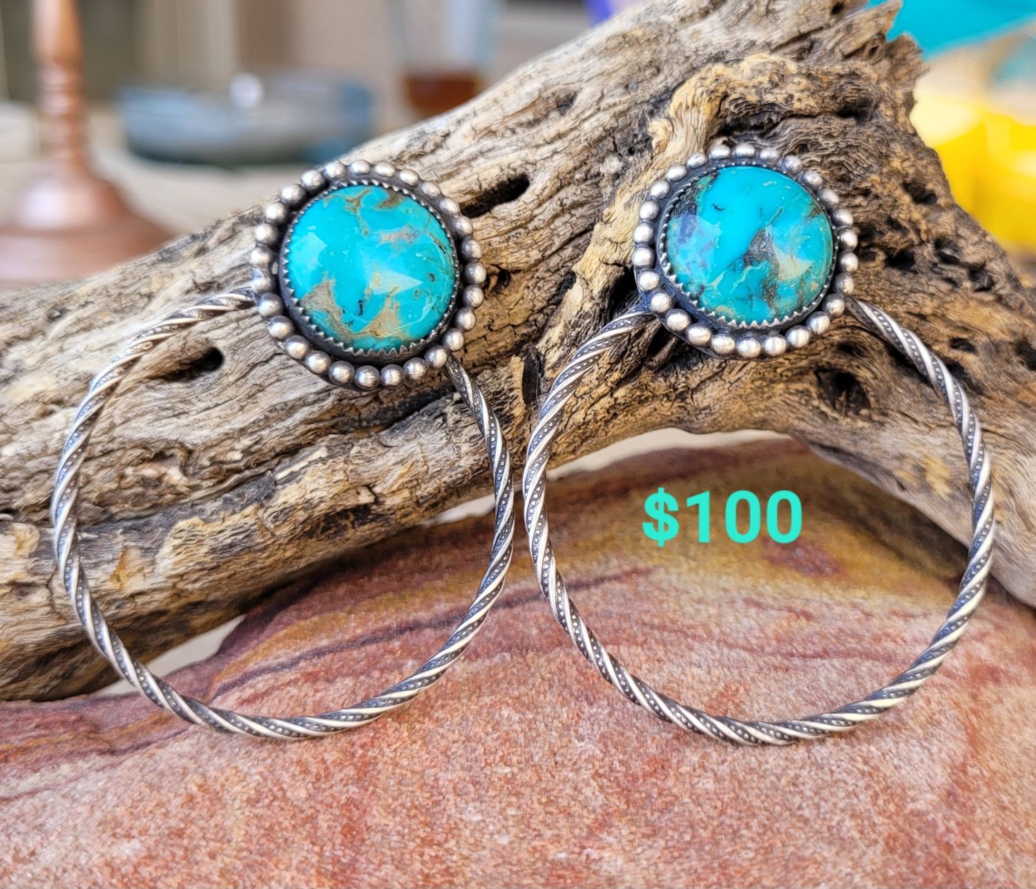 Hoop turquoise and sterling silver earrings