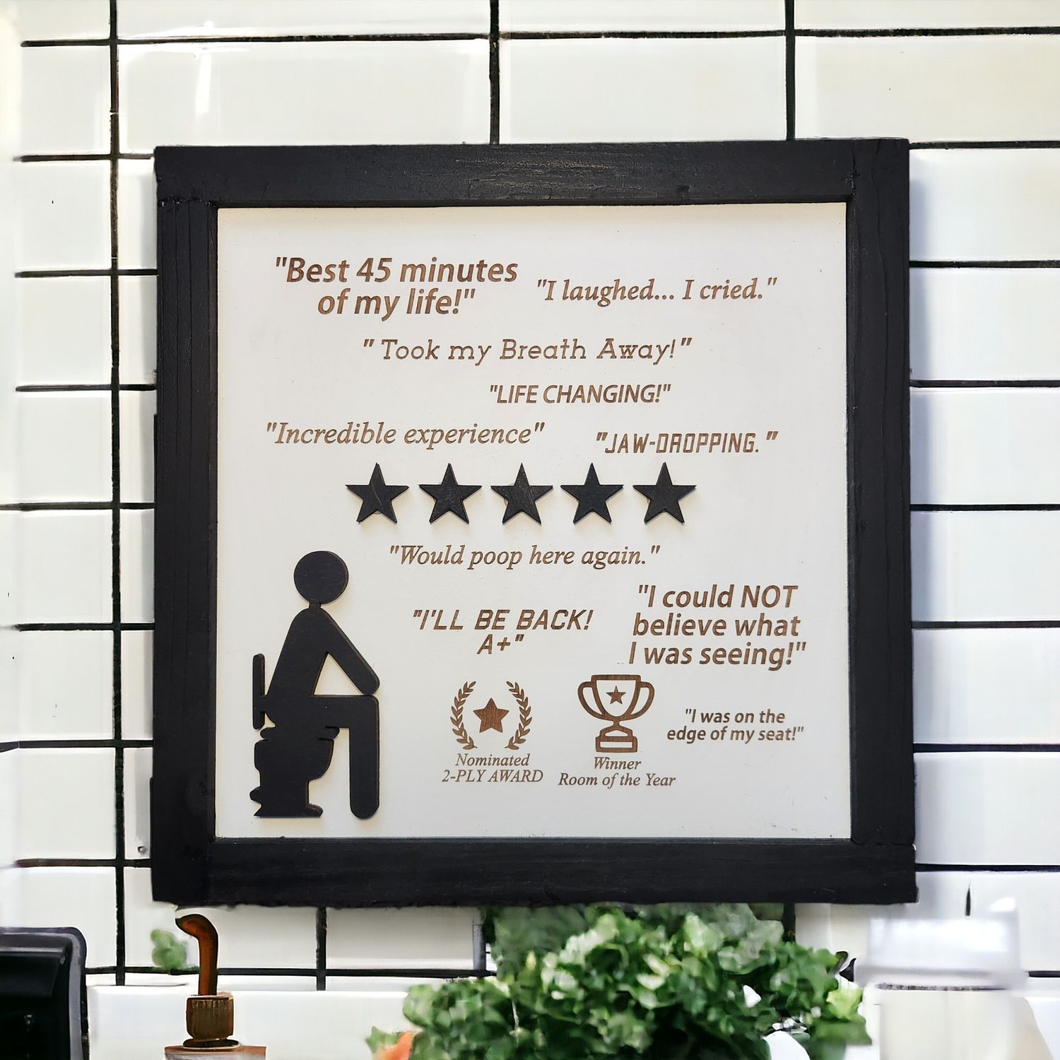 Would Poop Here Again Framed 5 Star | 3d Wood Wall Sign | Funny Bathroom Sign | Satire | Bathroom Humor | Funny Gift