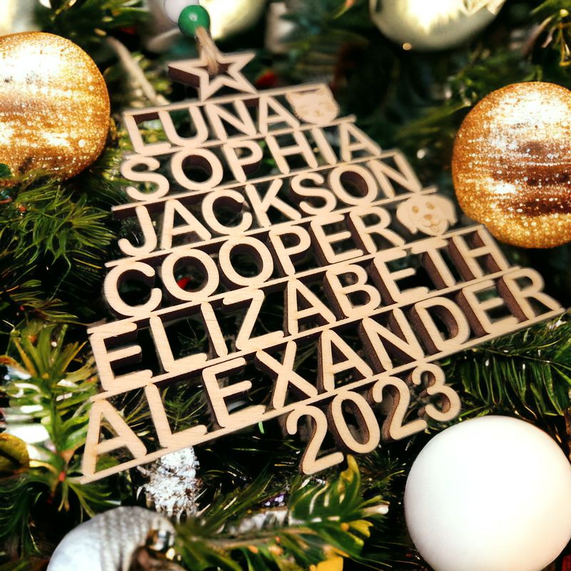 Personalized Family Name Ornament | Includes Dog and Cat Faces | Christmas Ornament | Family Christmas Tree