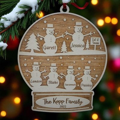 Custom Family Christmas Ornament | Snow Globe with Snowman | Personalized | Merry Christmas or Happy Holidays |  Trees with Let it Snow sign