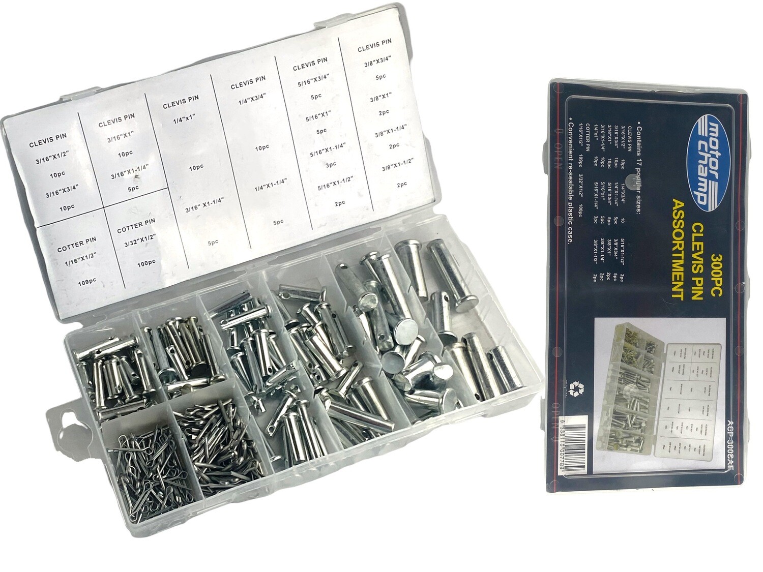 300 Piece Clevis Pin Assortment 3/16”-3/8”