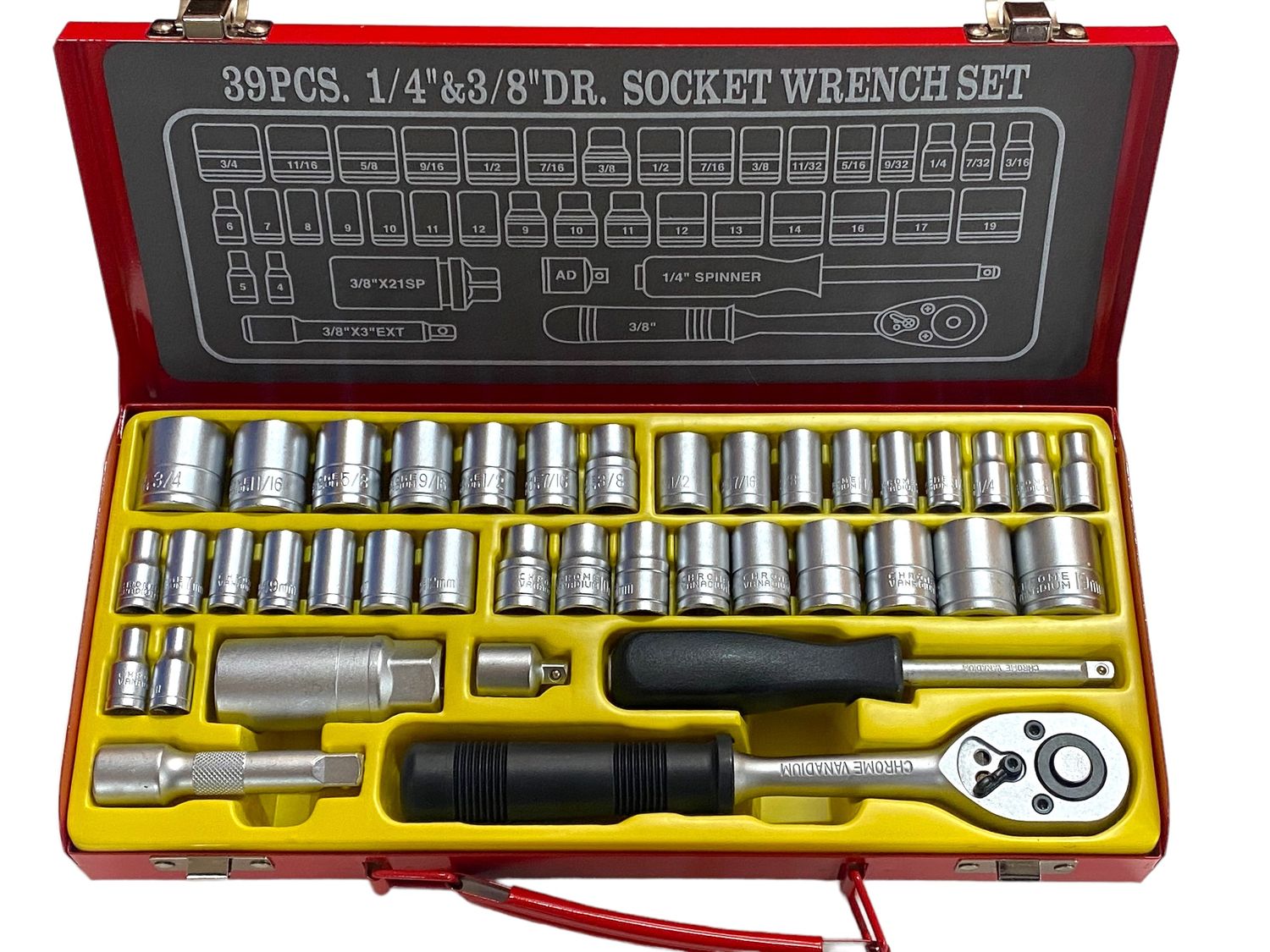 39 Pc 1/4” and 3/8” Dr Socket Set
