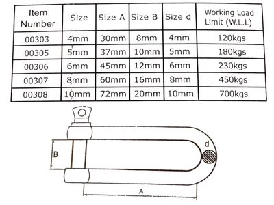 6mm D Shackle Long Shank SS