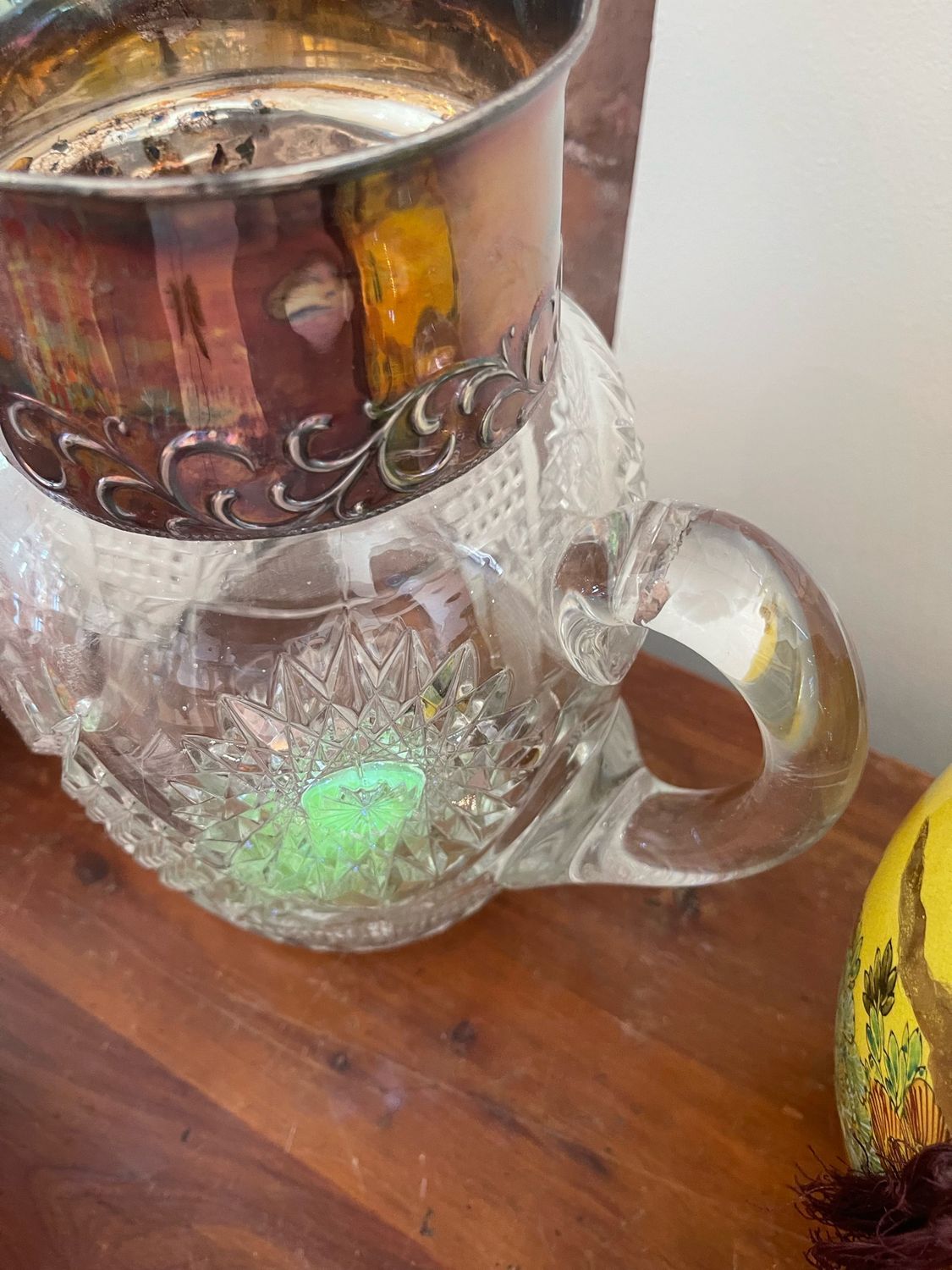 Antique EAPG Crystal &amp; Silver Necked Pitcher - Manganese Glow