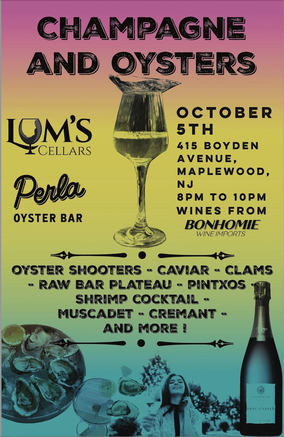 Champagne and Oysters Party at Perla Oyster Bar- 10/5, 8pm to 10pm
