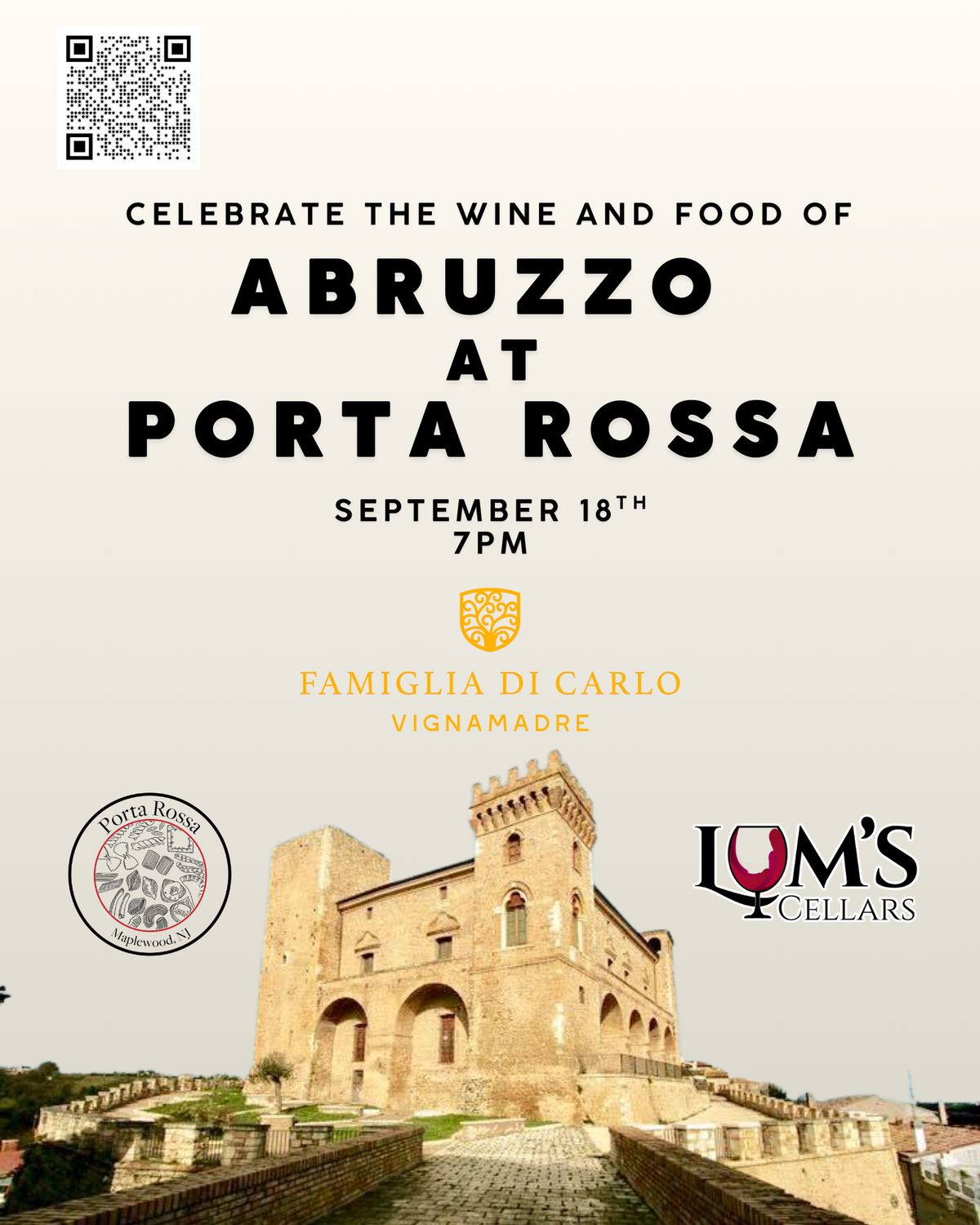 Abruzzo Wine Dinner with Porta Rossa and Vigna Madre 9/18/25