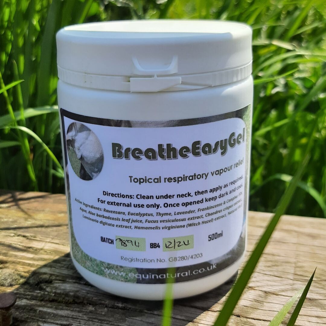 Breathe-Easy Gel for topical respiratory support in horses.