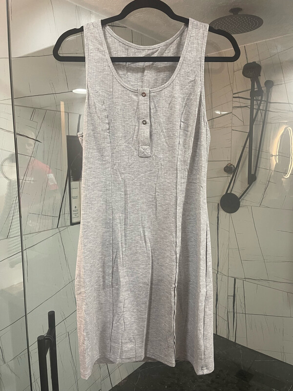 Gray Ribbed Button U Neck Dress