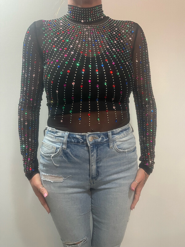 Rhinestone Studded Mesh Long Sleeve Bodysuit