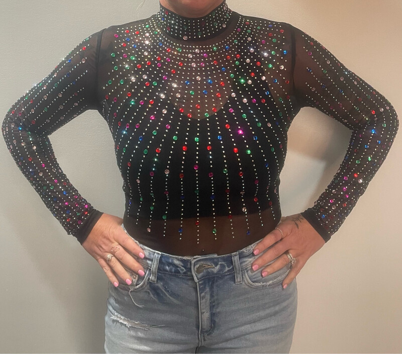 Rhinestone Studded Mesh Long Sleeve Bodysuit