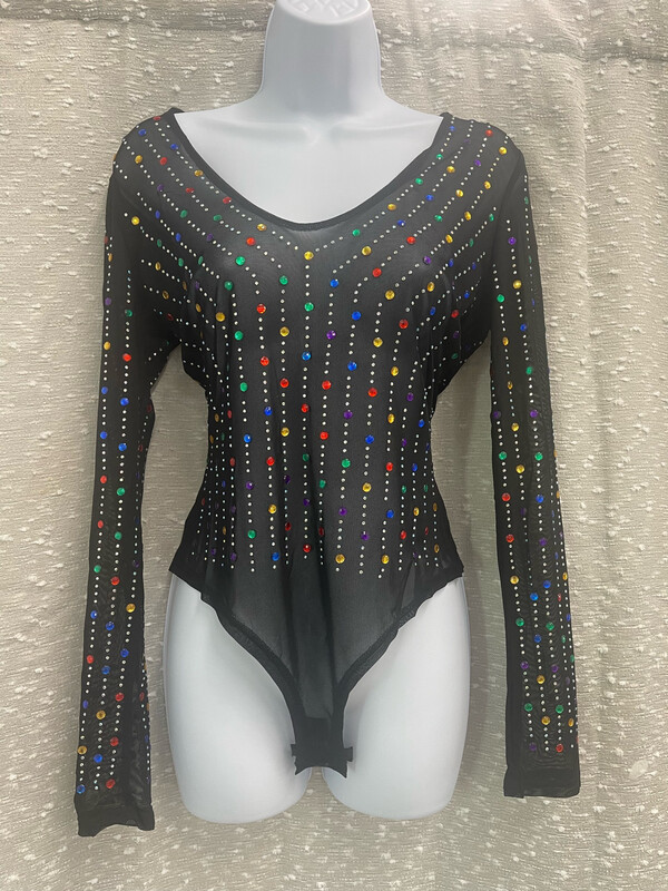 Black Mesh Rainbow Iridescent Rhinestone Studded Bodysuit