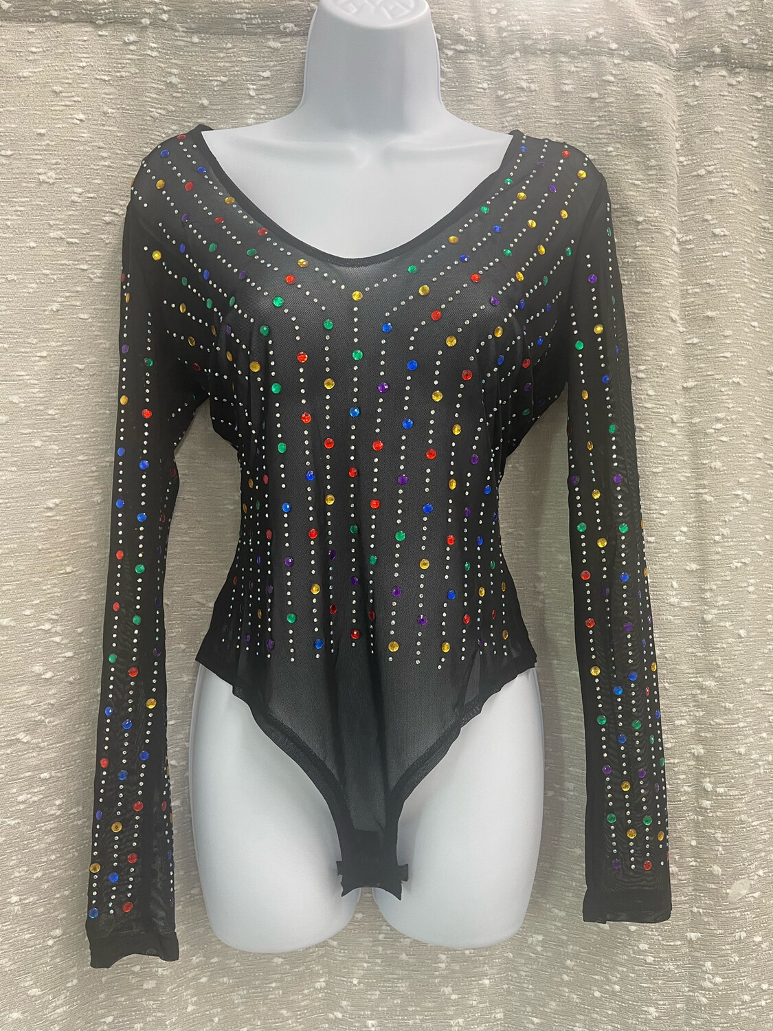 Black Mesh Rainbow Iridescent Rhinestone Studded Bodysuit
