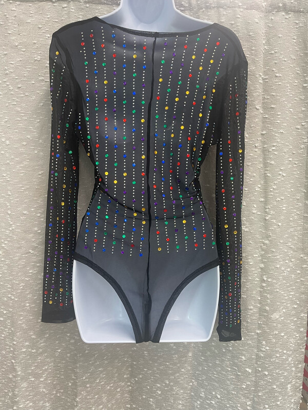 Black Mesh Rainbow Iridescent Rhinestone Studded Bodysuit
