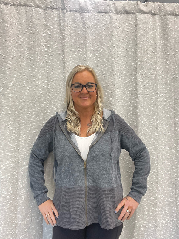 Gray Waffle Patchwork Vintage Washed Hoodie Jacket