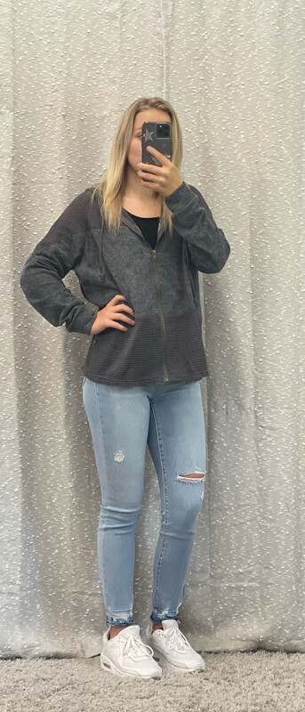 Gray Waffle Patchwork Vintage Washed Hoodie Jacket