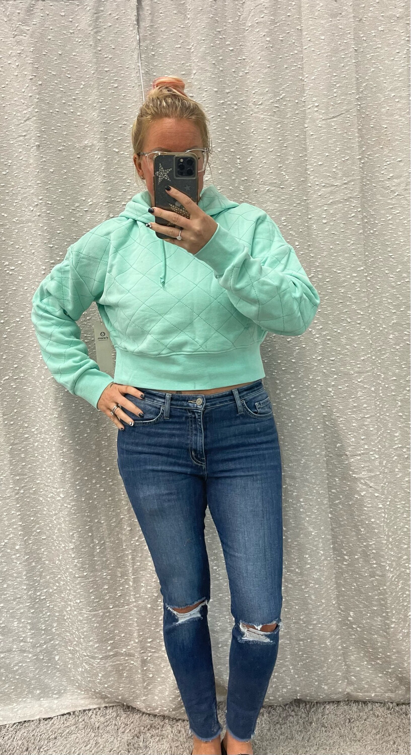 Ice Green Quilted Drawstring Hoodie