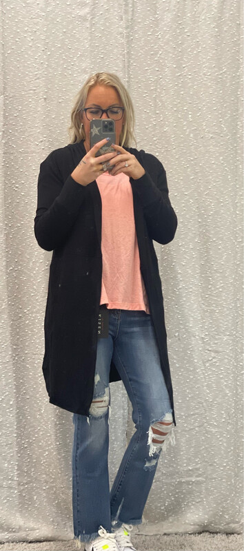 Black Open Front Hooded Cardigan