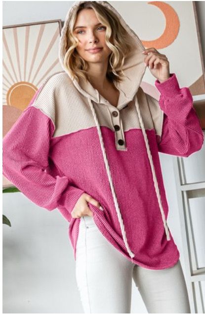 Magenta Ribbed Button Hoodie
