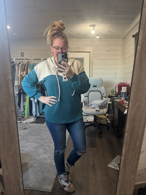 Teal Ribbed Button Hoodie