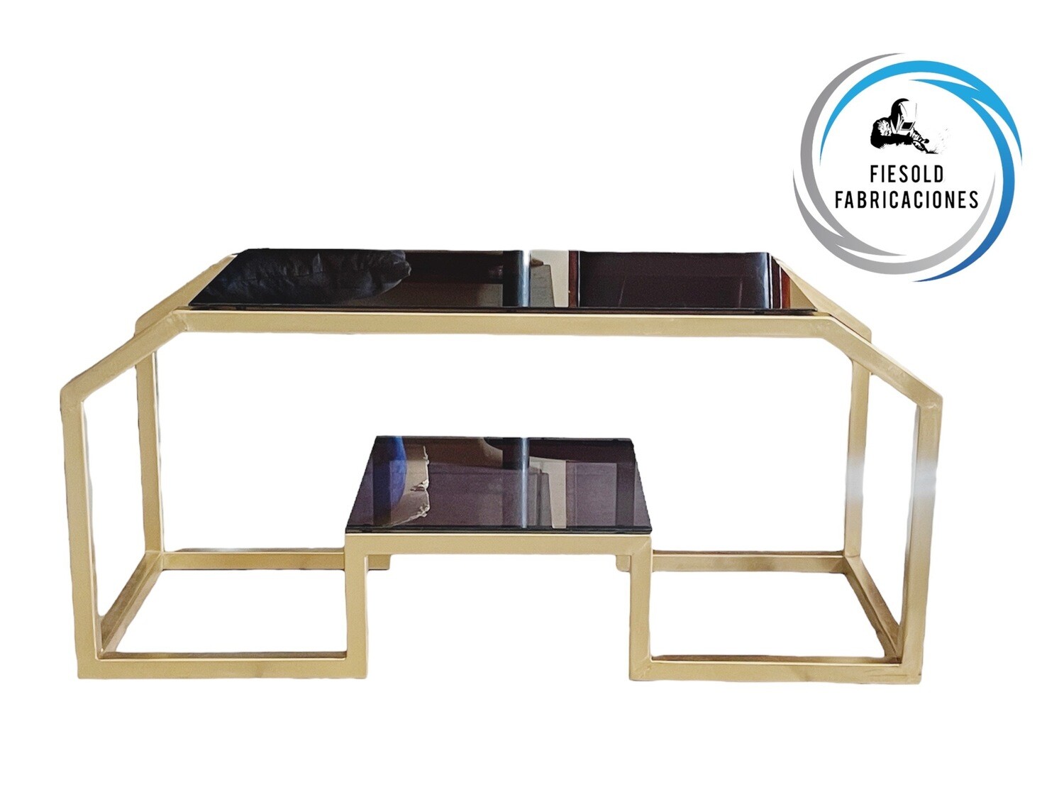 Mesa de centro metálica color oro gold más vidrio negro /imagen original