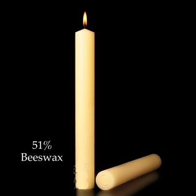 1-1/4" x 25" Altar Candle 51% Beeswax. Box of 6. Plain End