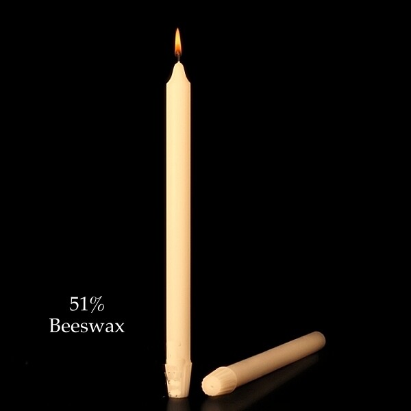 1-1/4" x 12" Altar candle 51% Beeswax. Box of 12. Self-Fitting End