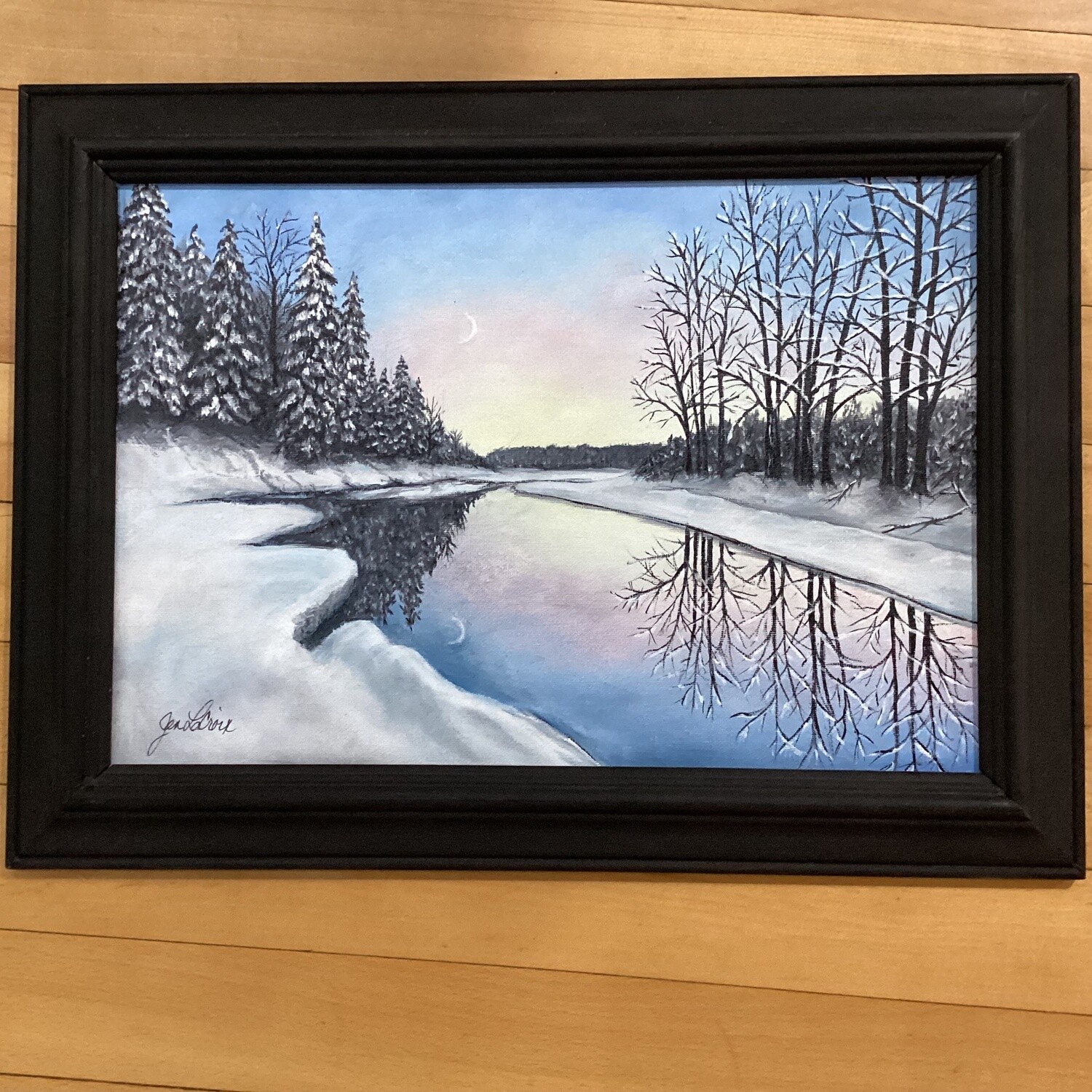 Winter river scene oil painting on board