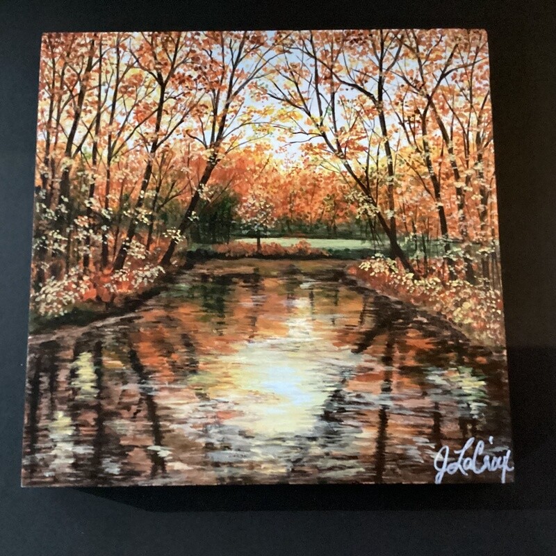 Autumn scene acrylic painting on wood canvas