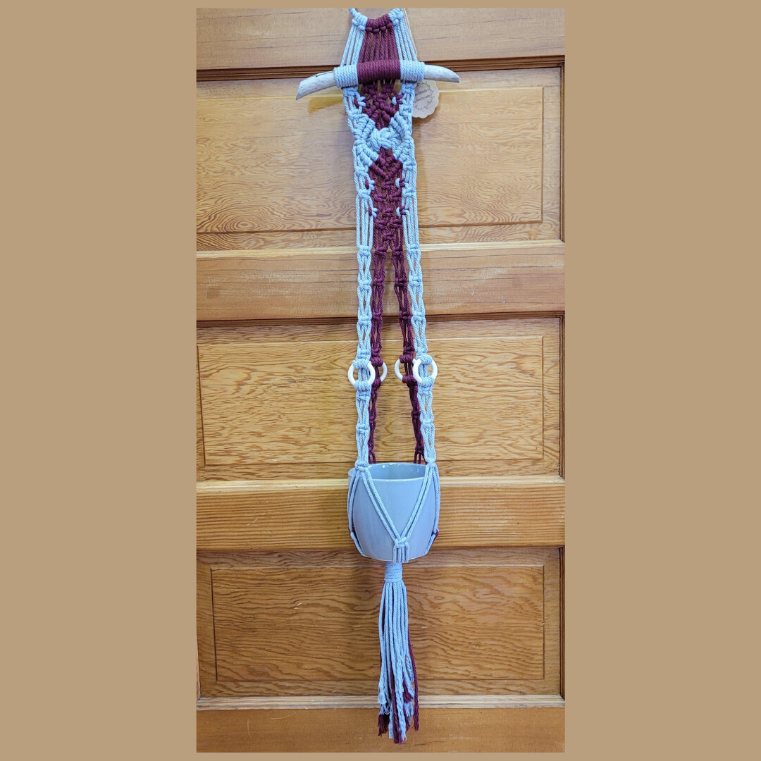 Grey &amp; Burgundy macrame plant holder