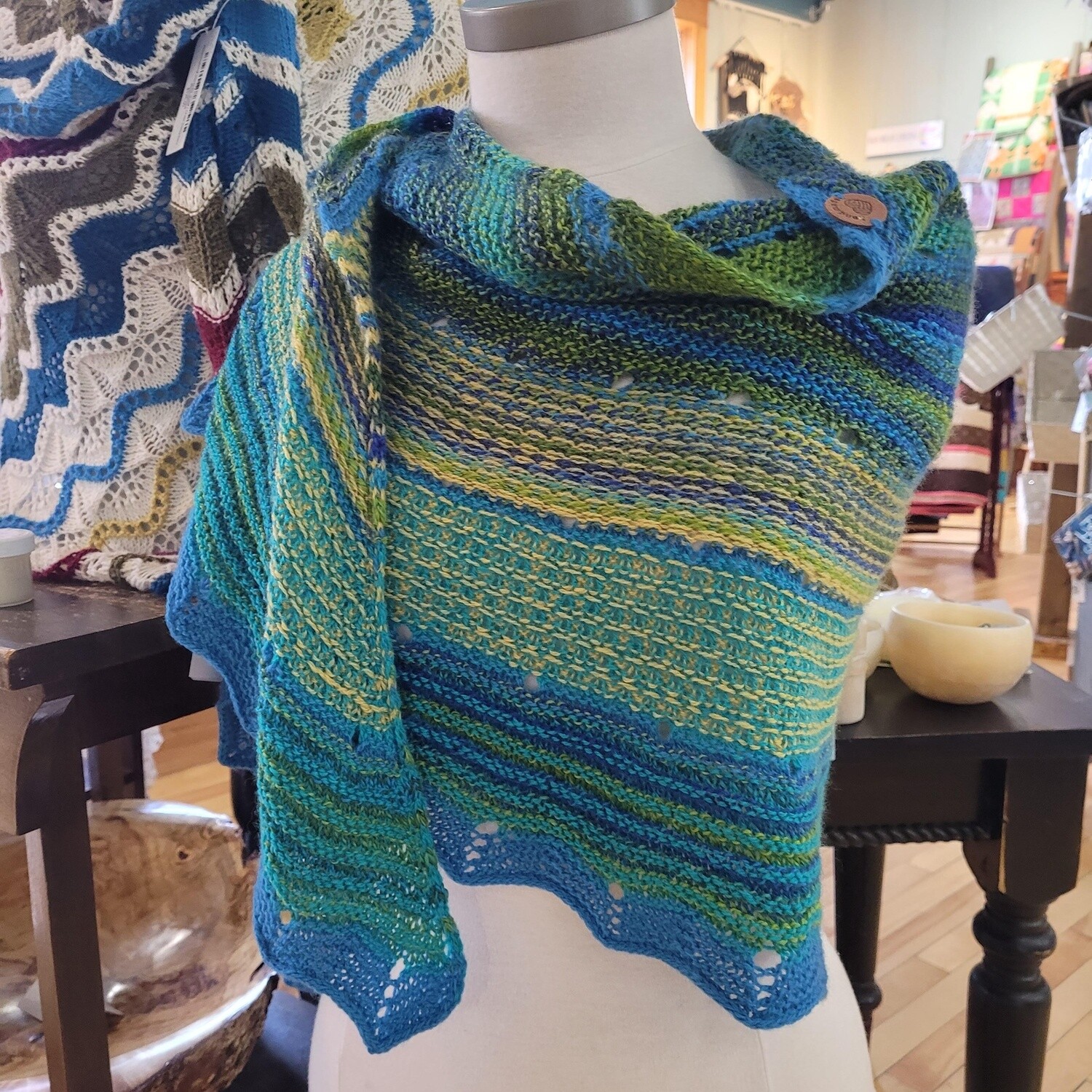 Blue/Green Wool/Nylon Shawl