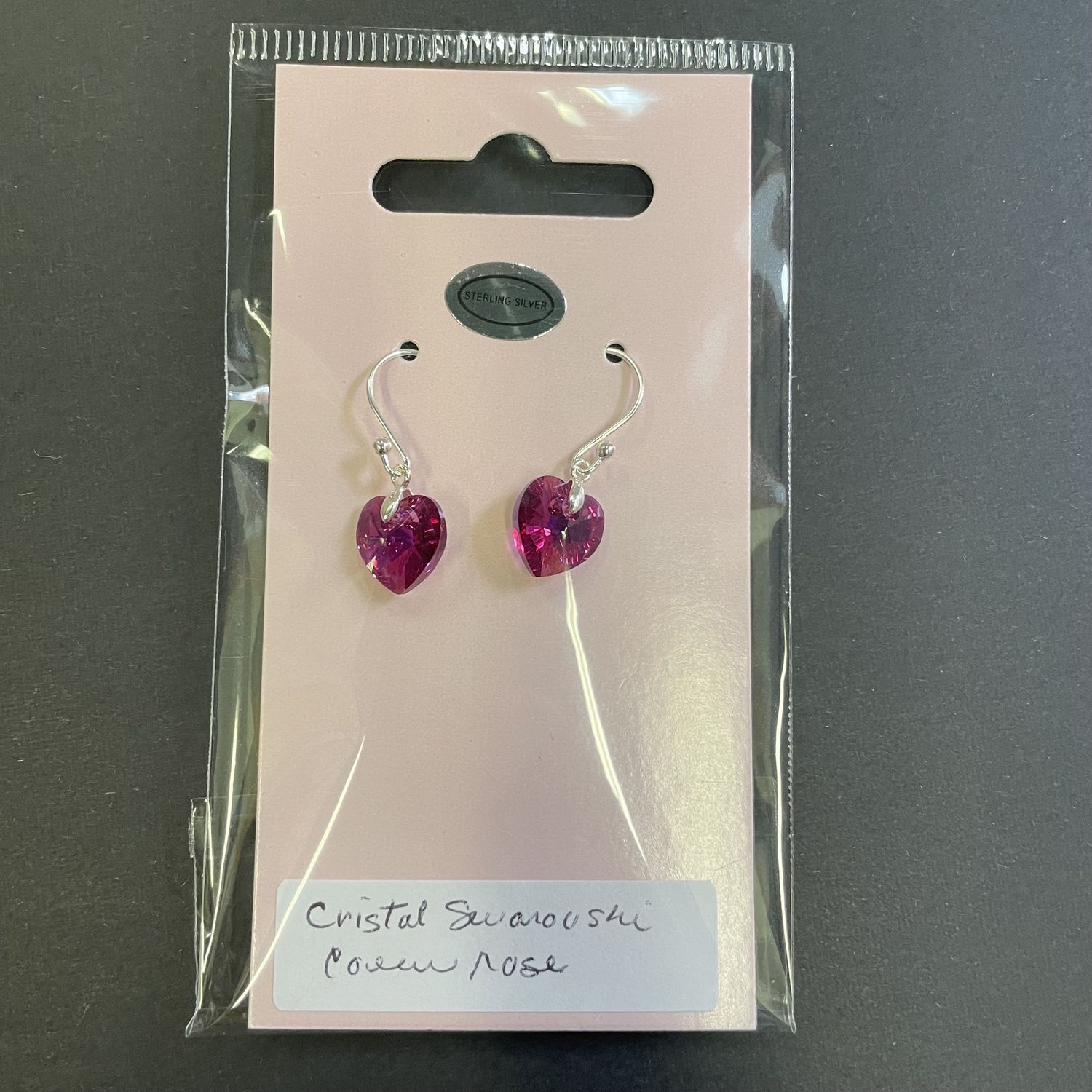 Rose Swarovski crystal heart earrings.