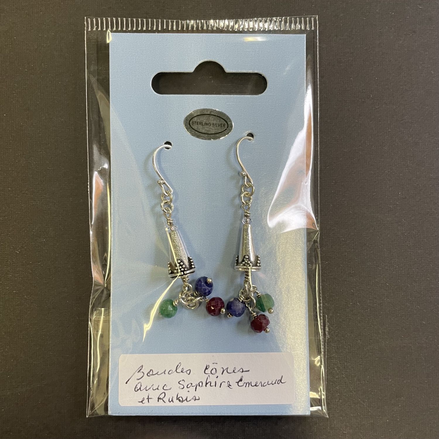 Cone earrings with sapphire, emerald, and ruby