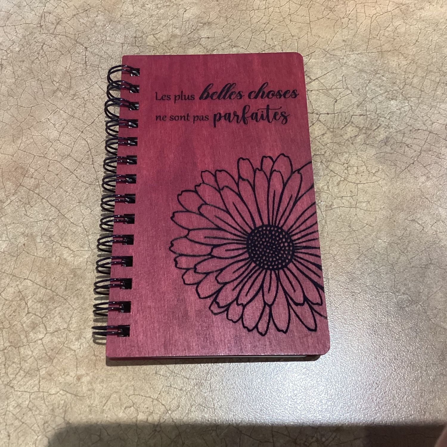 Red Wood Cover Notebook Engaved Flower