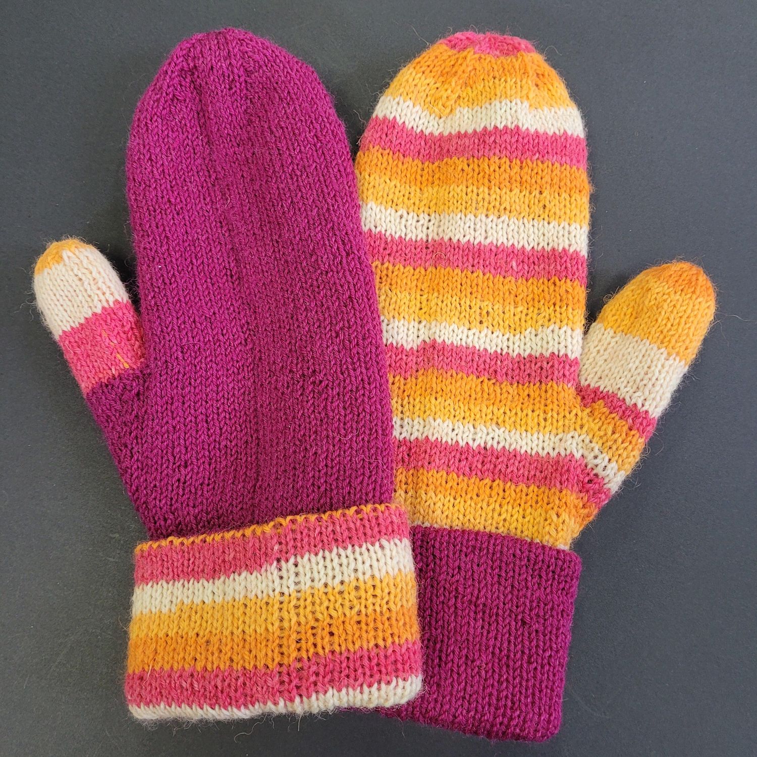 Reversible Knitted Mittens - Pink/Yellow/Orange/white