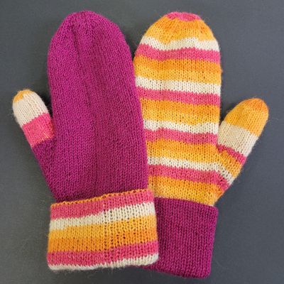Reversible Knitted Mittens - Pink/Yellow/Orange/white