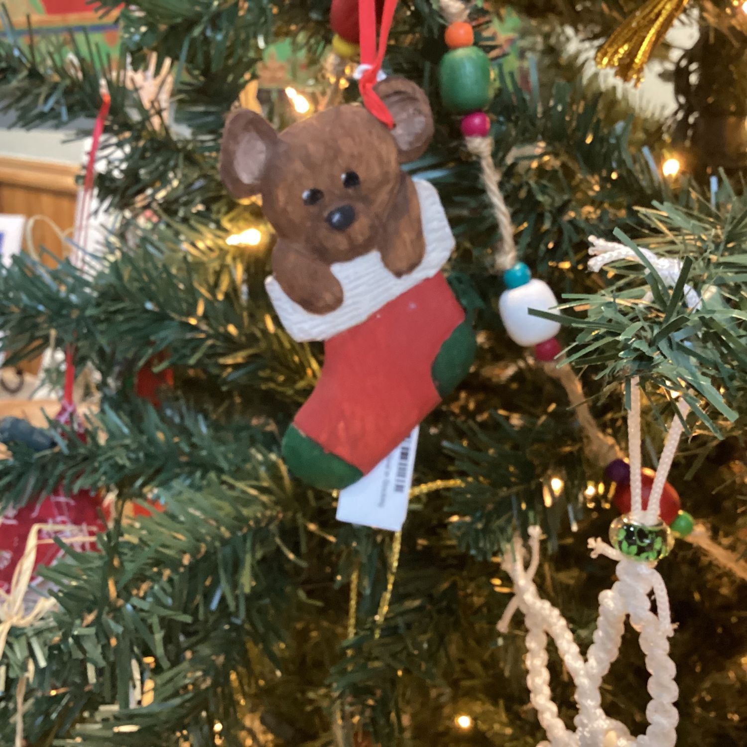 Carved Wooden Ornament - Bear in Stocking