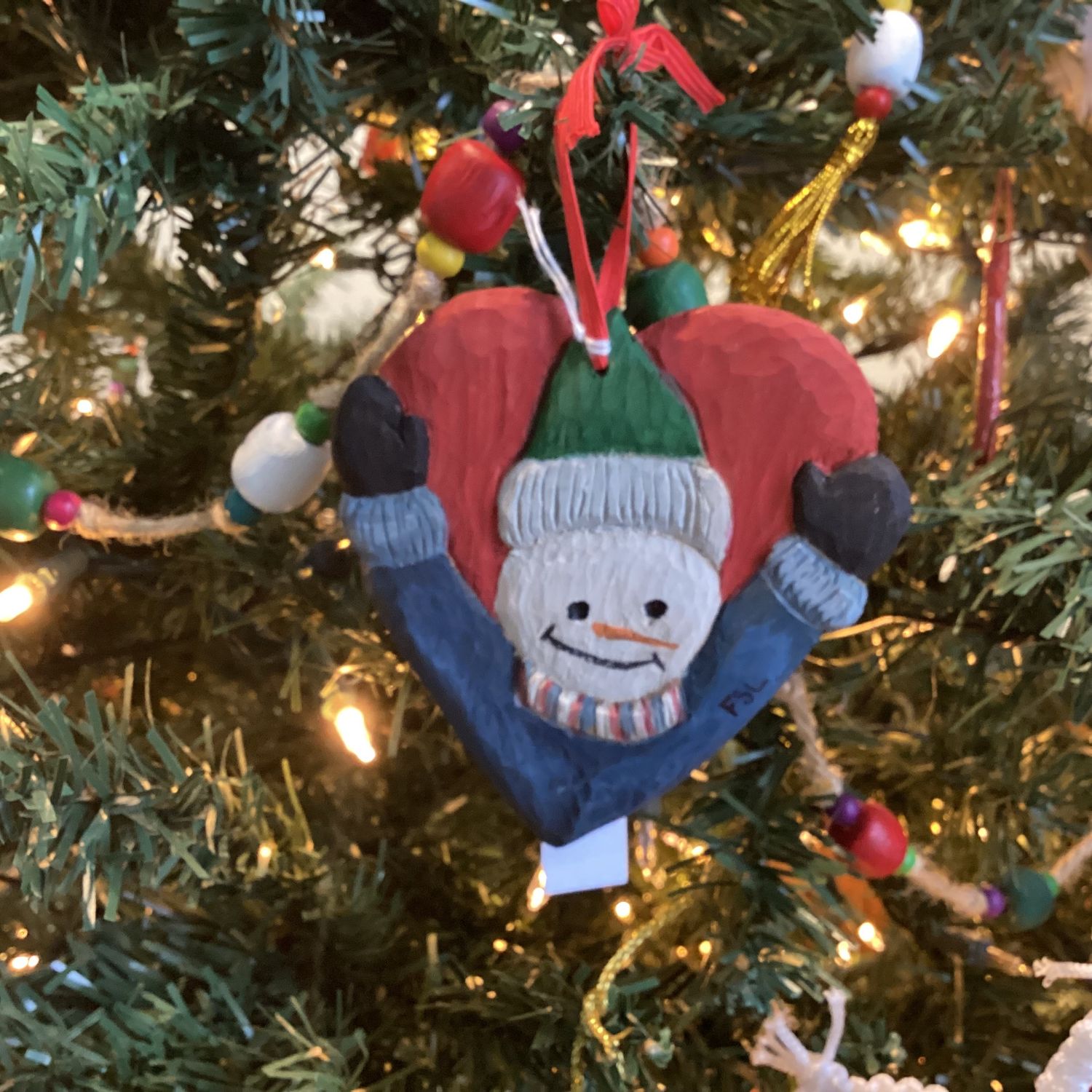 Wooden Carved Ornament - Snowman &amp; Heart