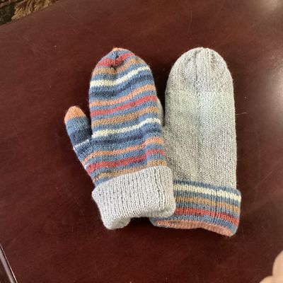 Reversible Knitted Mittens - Blue/Coral/Brown/Grey
