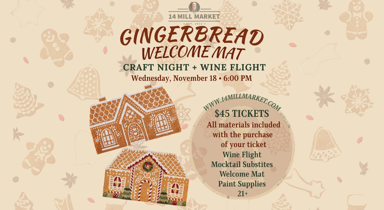 Gingerbread Welcome Mat Craft Night & Wine Flight Gingerbread Welcome Mat Craft Night & Wine Flight