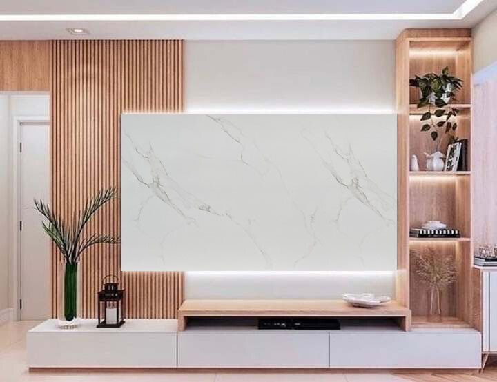 PANNELLO / SUPPORTO TV  RETROILLUMINATO (TV BOARD 55&quot;-65&quot;) EFFETTO MARMO CARRARA 190x110cm /STAFFA INCLUSA/ 4 LATI ANGOLATI/ INCLUSO IMBALLO SPECIALE IN LEGNO