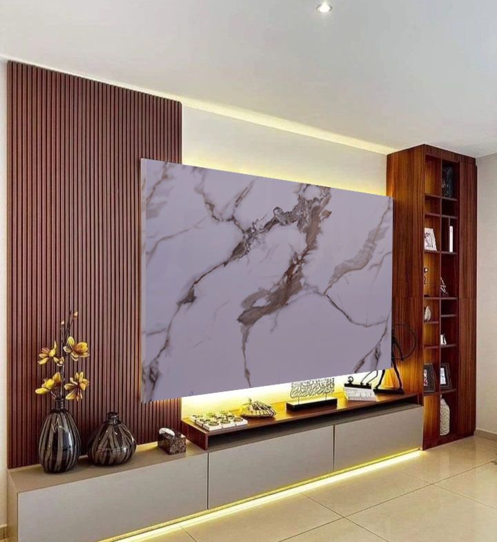 TV BOARD EFFETTO MARMO VENATO 190X112CM - 4 LATI ANGOLATI - RETROILLUMINAZIONE E SISTEMA DI MONTAGGIO INCLUSI.