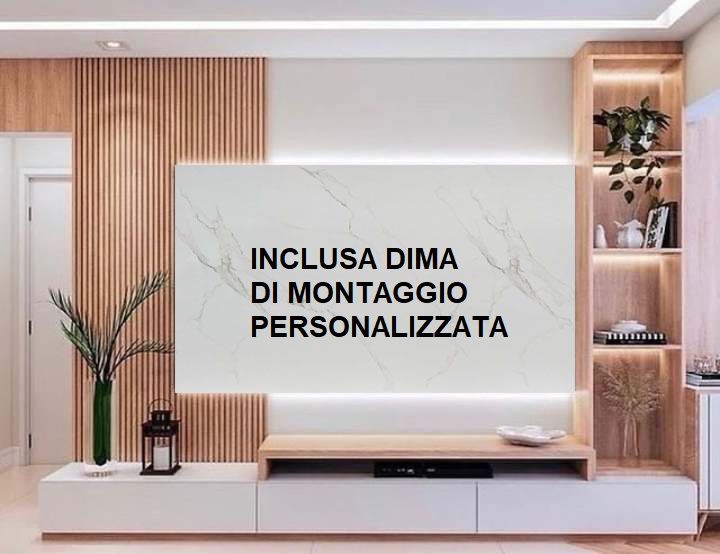 TV BOARD 190X112cm EFFETTO LIGHT CARRARA RETROILLUMINATO + DIMA DISTANZIATRICE DI MONTAGGIO, INCLUSI ACCESSORI PER MONTAGGIO TV.