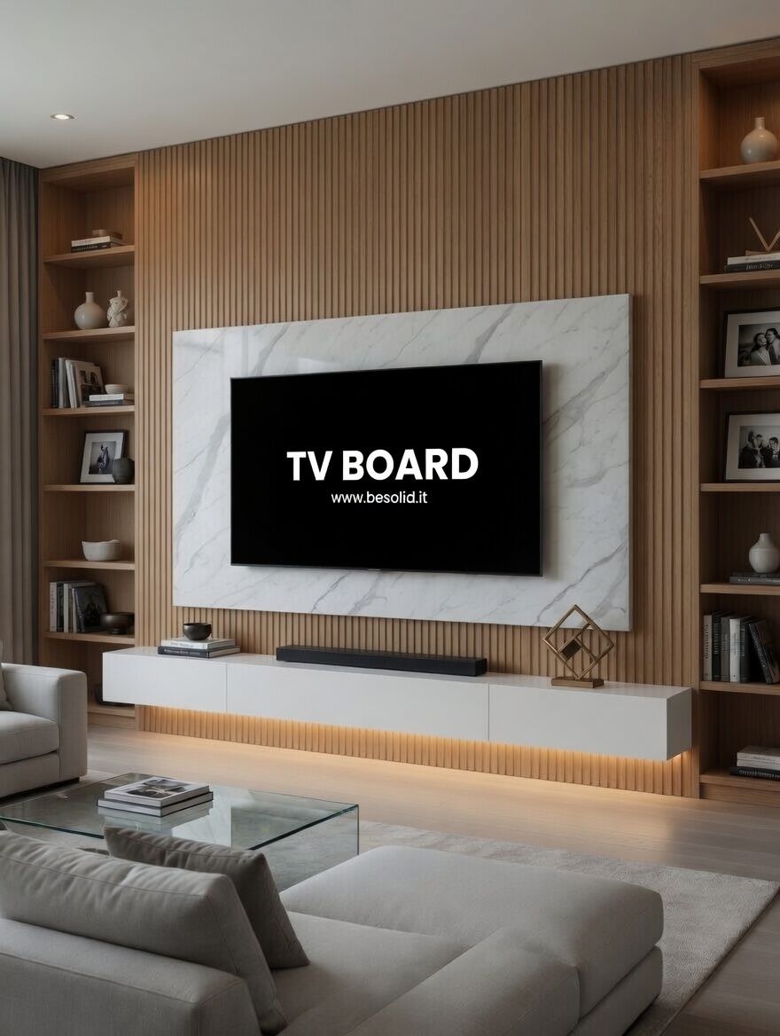 PANNELLO TV ARTIGIANALE RETROILLUMINATO (TV BOARD 55"-65") EFFETTO MARMO CARRARA 190x114cm /STAFFA INCLUSA/ 4 LATI ANGOLATI/ INCLUSO IMBALLO SPECIALE IN LEGNO