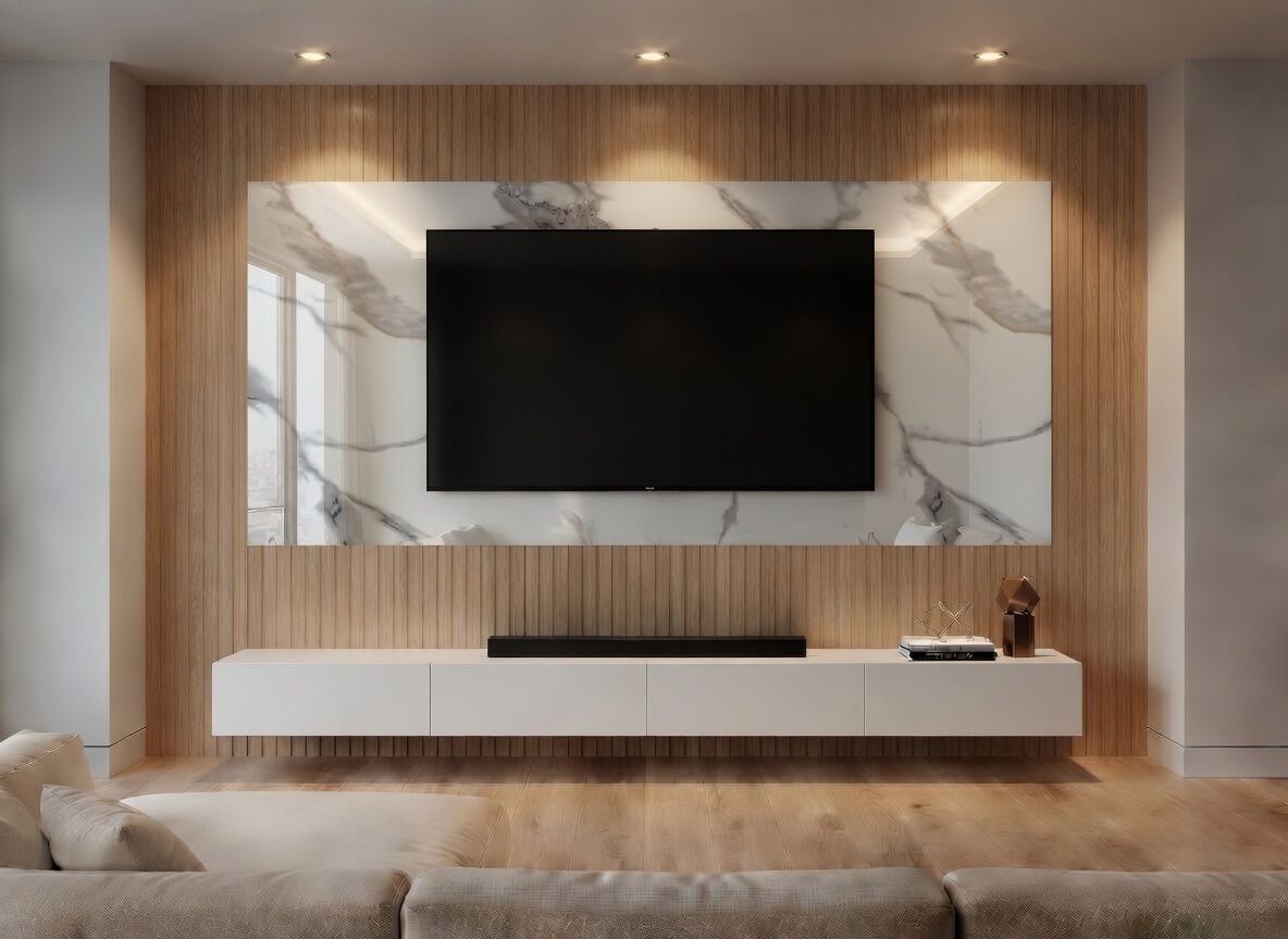 PANNELLO  TV ARTIGIANALE RETROILLUMINATO (TV BOARD 55" - 65") EFFETTO MARMO VENATO 190x114cm /STAFFA INCLUSA/  4 LATI ANGOLATI/ INCLUSO IMBALLO SPECIALE IN LEGNO