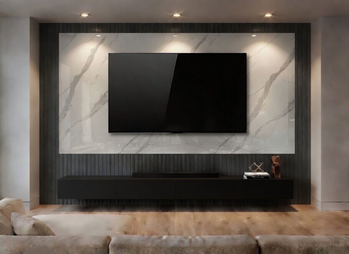 PANNELLO TV ARTIGIANALE RETROILLUMINATO (TV BOARD 65"-75") EFFETTO MARMO CARRARA 230X114cm /STAFFA INCLUSA/ 4 LATI ANGOLATI/ INCLUSO IMBALLO SPECIALE IN LEGNO