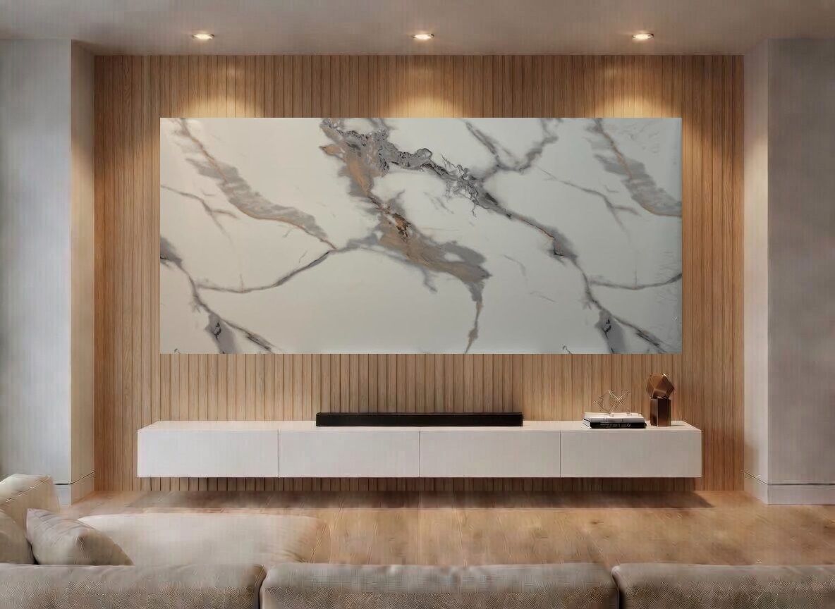 PANNELLO TV ARTIGIANALE RETROILLUMINATO (TV BOARD 65"-75") EFFETTO MARMO VENATO 230X112cm /STAFFA INCLUSA/  4 LATI ANGOLATI/ INCLUSO IMBALLO SPECIALE IN LEGNO