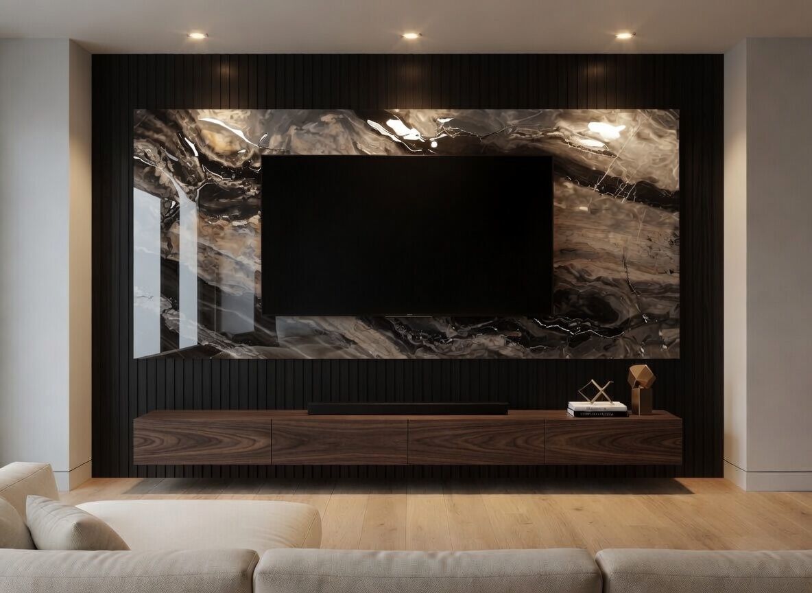 PANNELLO TV ARTIGIANALE  RETROILLUMINATO (TV BOARD 65"-75") EFFETTO ARABIC STONE HIGH GLOSS 230X114cm /STAFFA INCLUSA/  4 LATI ANGOLATI/ INCLUSO IMBALLO SPECIALE IN LEGNO