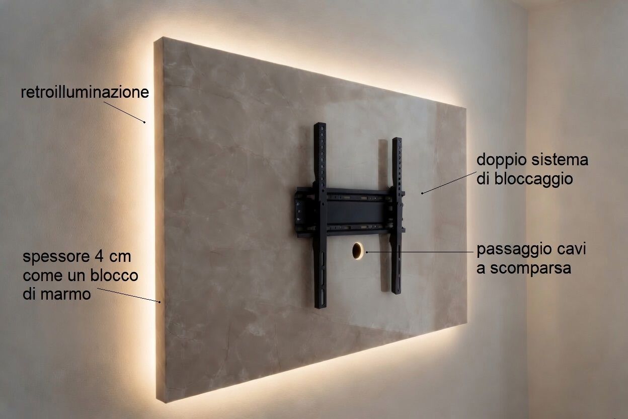 PANNELLO TV ARTIGIANALE  RETROILLUMINATO (TV BOARD 65"-75") EFFETTO MARMO LIGHT GREY 230X114cm /STAFFA INCLUSA/  4 LATI ANGOLATI/ INCLUSO IMBALLO SPECIALE IN LEGNO