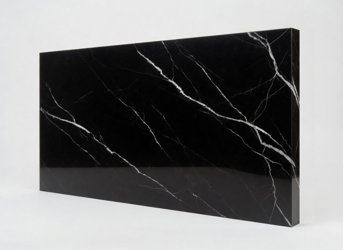 PANNELLO TV ARTIGIANALE  RETROILLUMINATO (TV BOARD 65"-75") EFFETTO MARMO CARRARA BLACK HIGH GLOSS 230X114cm /STAFFA INCLUSA/  4 LATI ANGOLATI/ INCLUSO IMBALLO SPECIALE IN LEGNO