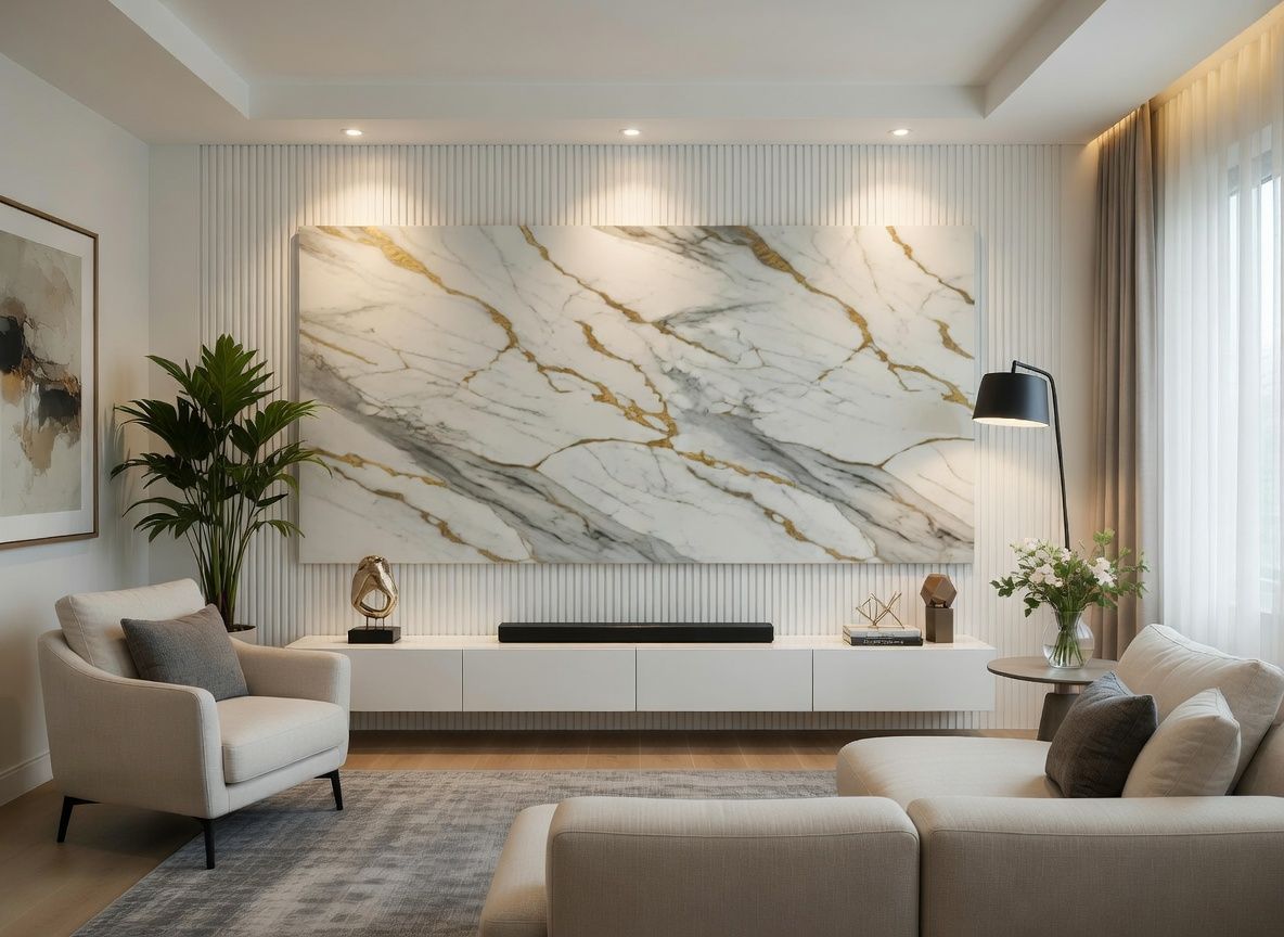 PANNELLO TV ARTIGIANALE  RETROILLUMINATO (TV BOARD 55"-65") EFFETTO MARMO LIGHT GREY 190X114cm /STAFFA INCLUSA/  4 LATI ANGOLATI/ INCLUSO IMBALLO SPECIALE IN LEGNO